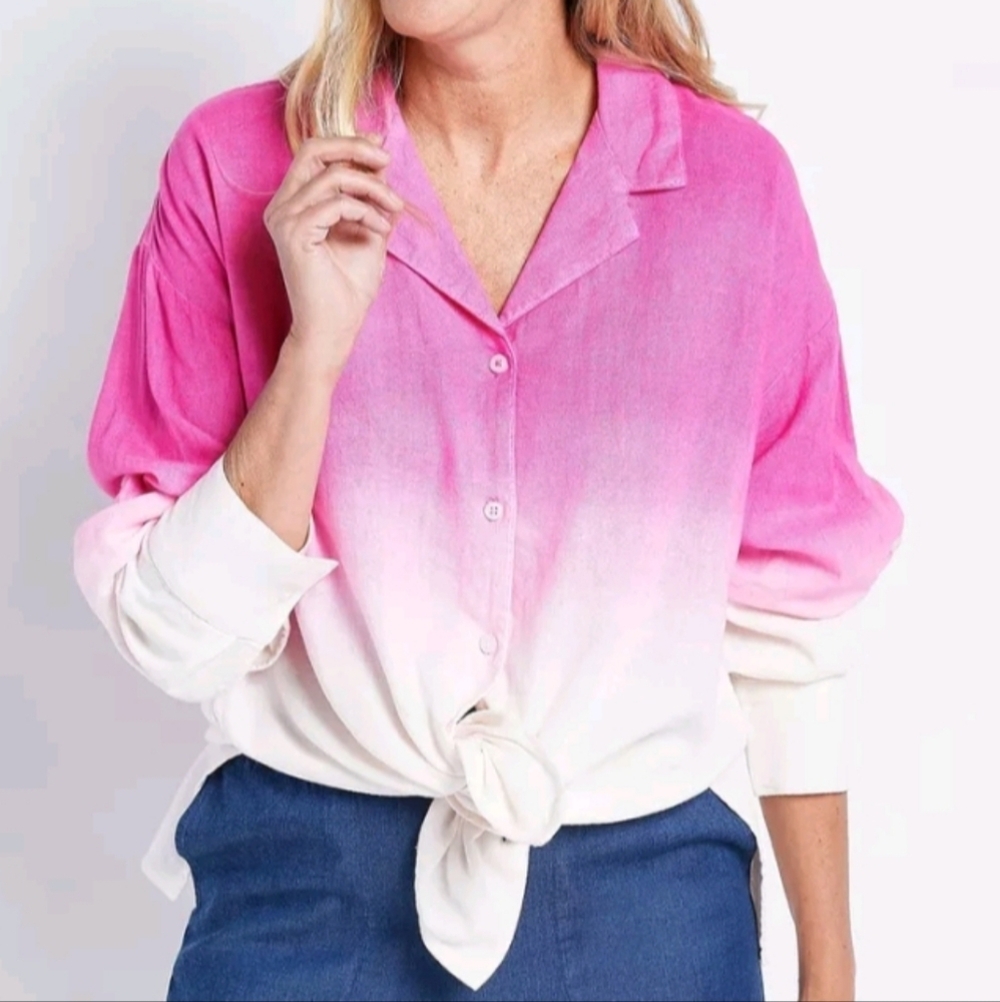 Jason Wu‎ Dip Dye Button Up Linen Blend Ombre Pink Blouse Size 1X